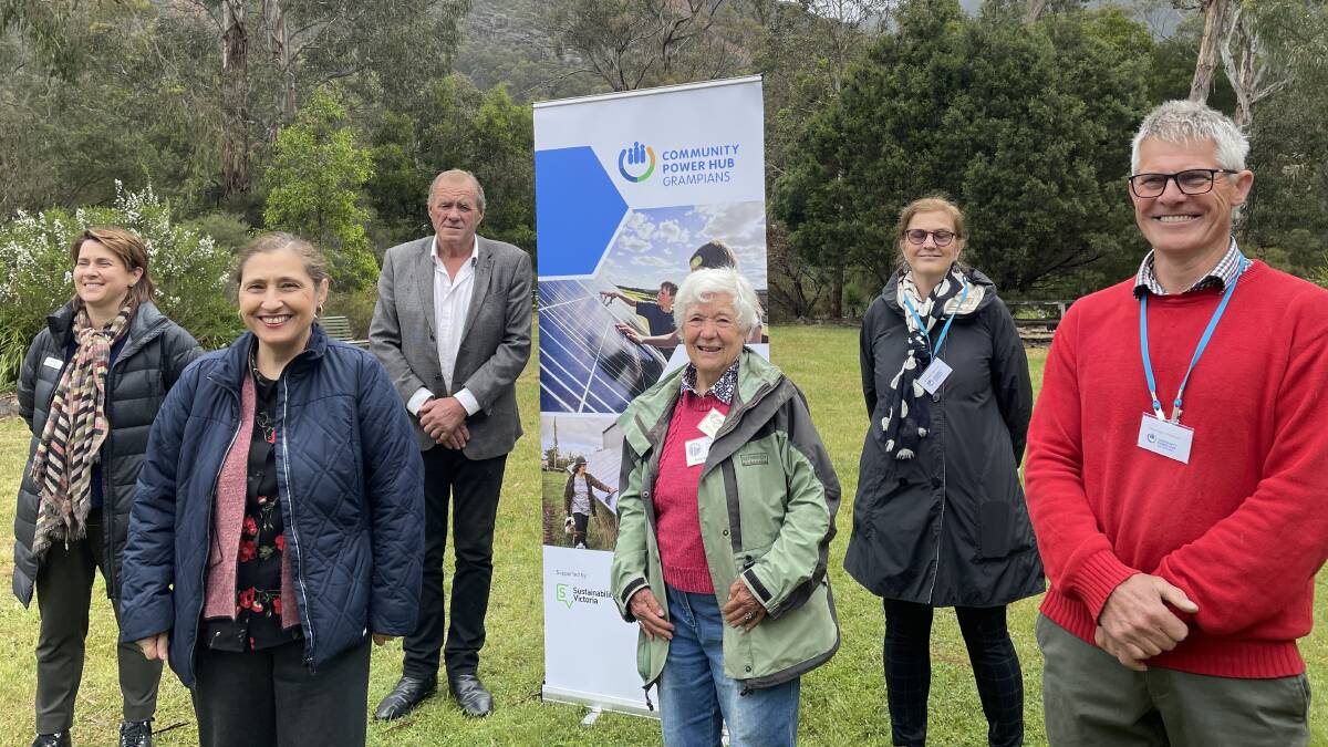 ANNOUNCEMENT: Sustainability Victoria director of region Alicia Darvall, Minister for Energy, Environment and Climate Change Lily D'Ambrosio, Northern Grampians Shire Council mayor Tony Driscoll, Halls Gap Botanical Gardens convenor Margo Sietsma and BREAZE Inc.'s Mary Debrett and Peter Boadle. Picture: TALLIS MILES