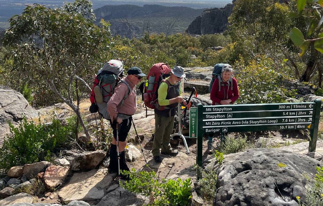 WALKERS: From left, walking companions Stephen, Hermann and Hilda on the Grampians Peaks Trail. Picture: CONTRIBUTED