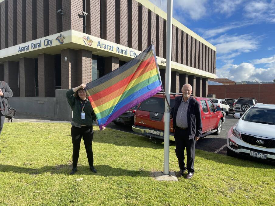SUPPORT: Cr Beales and Ada Castle at the 2021 IDAHOBIT Day flag raising ceremony. Picture: Contributed, Ararat Rural City Council. 