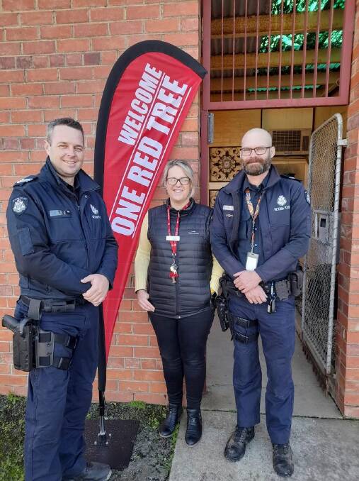 VISIT: Sergeant Simon Grant and Senior Constable Max Mudge from the Wimmera Proactive Policing Unit with One Red Tree founder Tammie Meehan. Picture: CONTRIBUTED, EYEWATCH