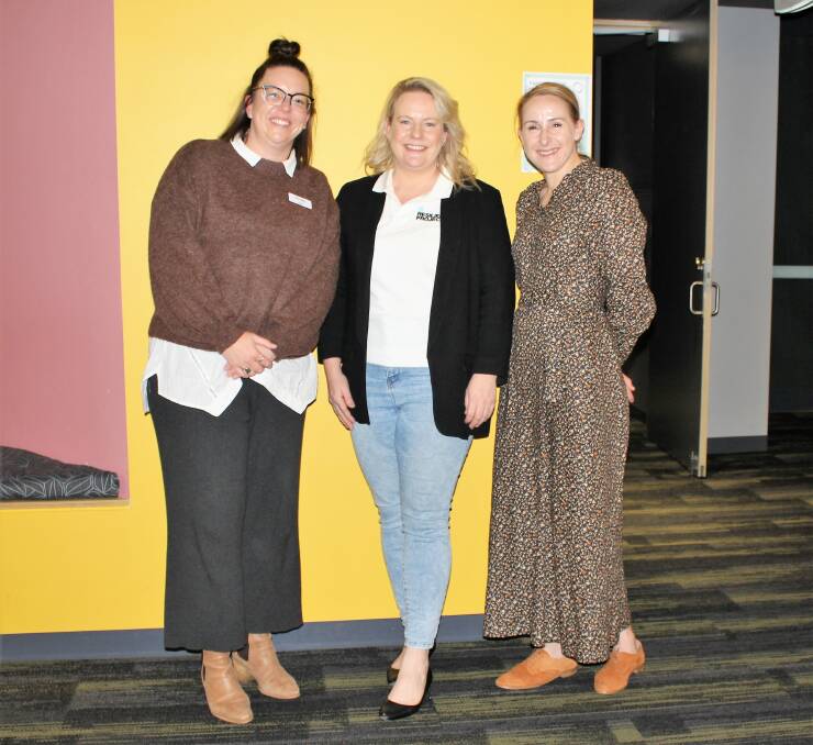 LEARNING: Central Grampians LLEN executive officer, Jane Moriarty and Ararat College Principal, Ellie McDougall catch up with The Resilience Project education manager Belinda Galloway after the May 24 Teacher Wellbeing Workshop at the Ararat Town Hall. Picture: CONTRIBUTED. 