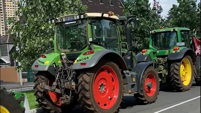 PROTEST: Tractors have blocked Spring Street in protest of the AusNet's transmission line project in Western Victoria. Photo: Moorabool and Central Highlands Power Alliance.