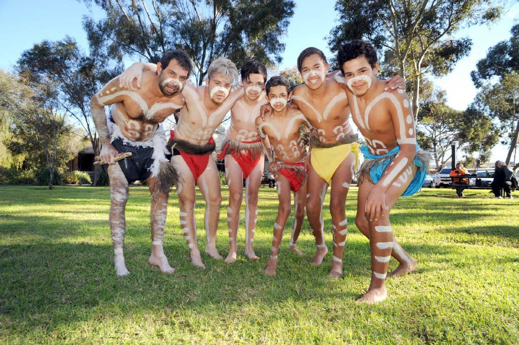 Ben Muir, Lachie Marks, Max Coleman, Claudie Douglas, Mackenzie Barrett and Jordan Lyall get ready to perform a dance at Federation University in Horsham for National Reconciliation Week last year.