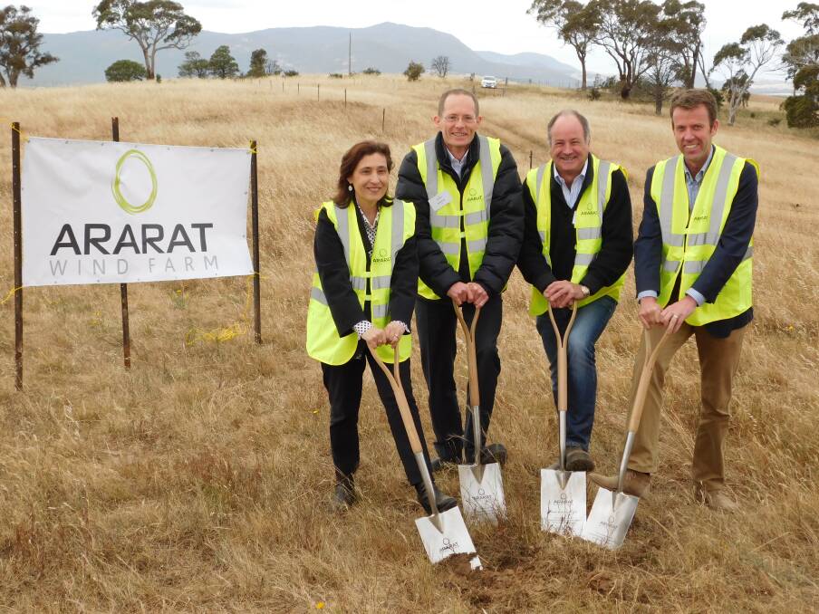 SUCCESS STORY: Energy and Resources Minister Lily D'Ambrosio, RES Asia Pacific chief David Povall, Ararat Rural City Mayor, Cr Paul Hooper and Wannon MP Dan Tehan at the Ararat Wind Farm on Friday. Picture: BEN KIMBER. 