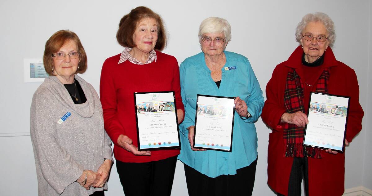 LIFE MEMBERS: Kaye Chamings (president) with Irene Shaw, Val Tosch and Meg Bell who were recognised for their 20 years or more of service to the East Grampians Health Service Ark Toy and Activity Centre. Picture: CONTRIBUTED. 
