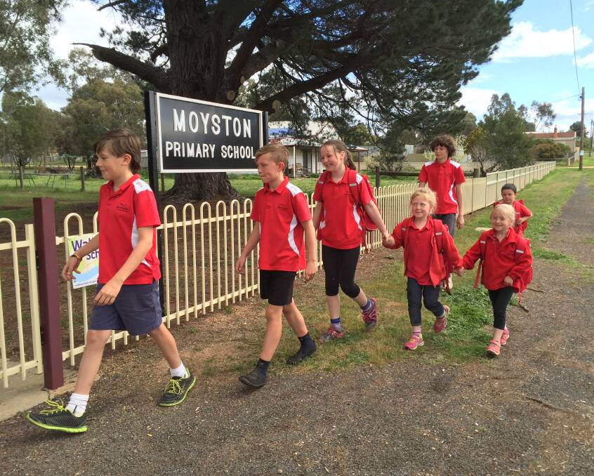 ON A FOOTPATH TO HEALTH: Aiden Taylor, 11, Jaymason Bartlett, 11, April Marshall, 11, Lily Jackson, 6, Jonah Watts, 12, Adelicia Ferguson, 7 and Brayden Spry, 6 are walking to school every day in October. Picture: CONTRIBUTED.  