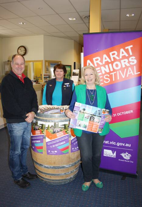 ACTIVITY READY: Ararat Rural City Mayor, Cr Paul Hooper, Ararat and Grampians Visitor Information Centre volunteer June Walker and U3A's Lee Albert. 
