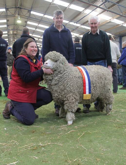 The Kelseldale stud will welcome visitors on Sunday May 14. Penny, Russell and Noel Hartwich are pictured with the grand champion superfine ewe of Sheepvention 2015.