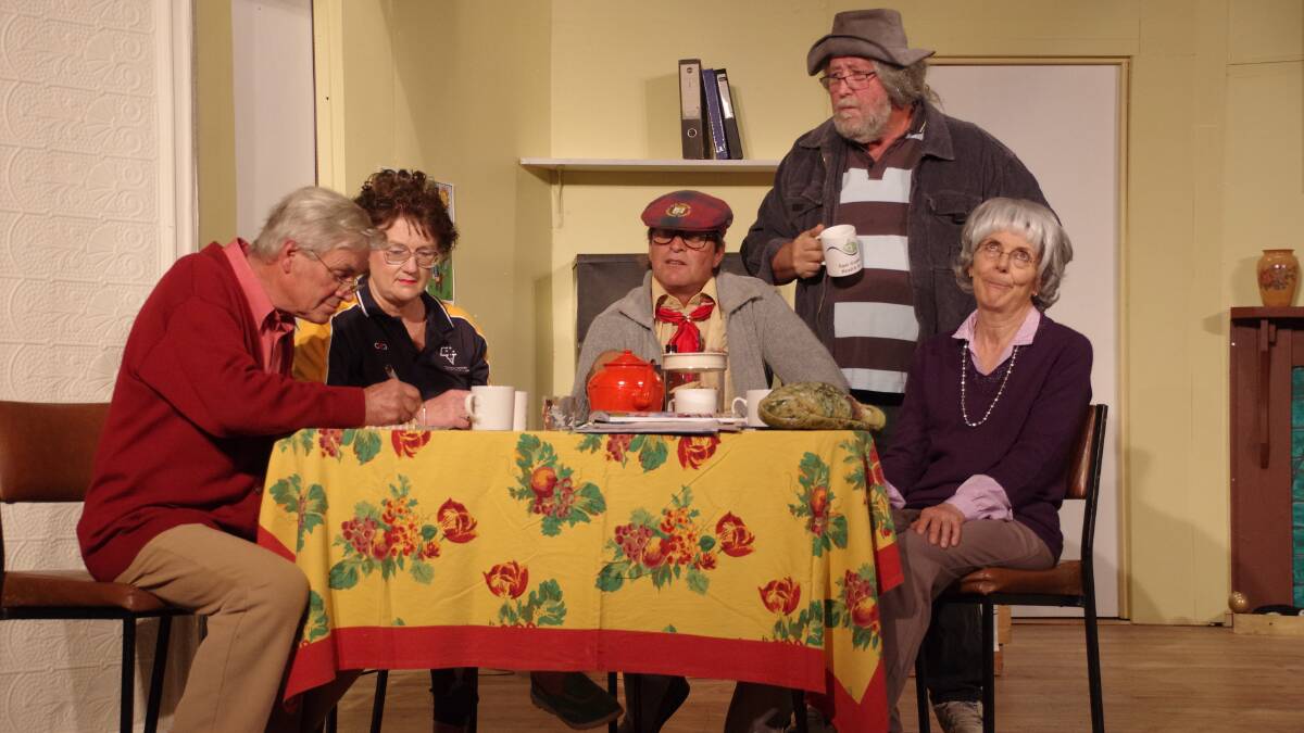 ON SHOW: Lake Bolac Music Club actors Leigh Coutts, Paula Symons, Grant Gibson, Geoff Britten and Ruth Sweatman rehearse. Picture: CONTRIBUTED