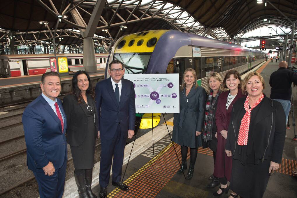 Premier Daniel Andrews and Transport Minister Jacinta Allan pictured, centre, at Southern Cross Station.