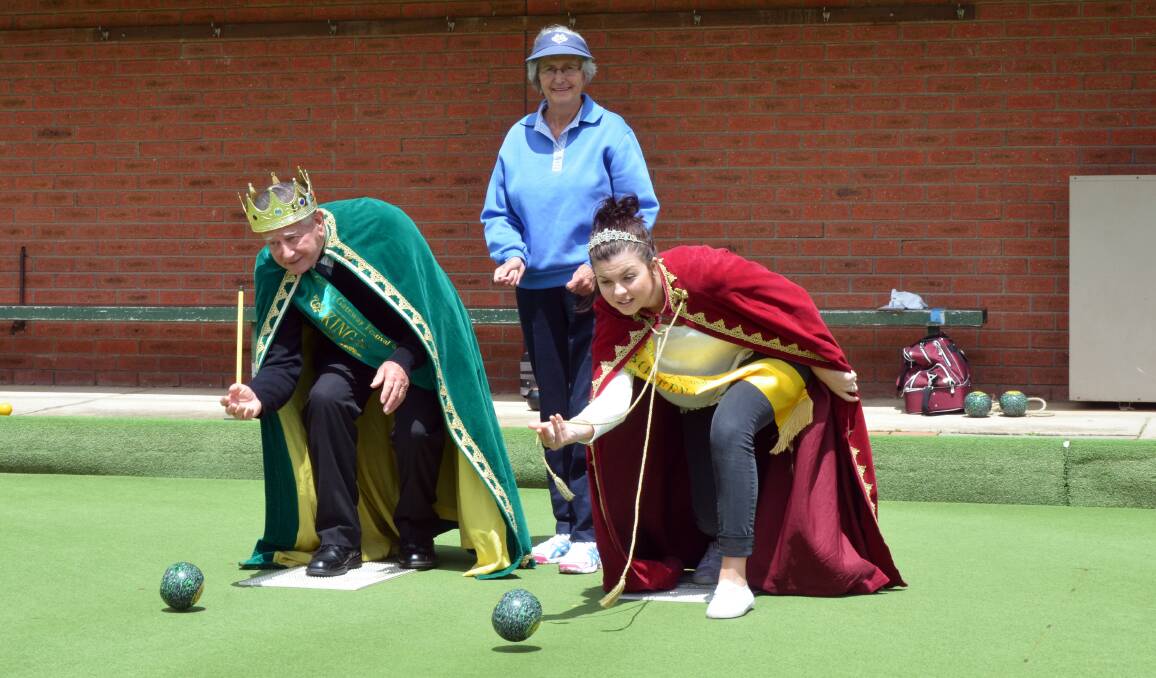 LET LOOSE: Rob Kieth and Nakia O'Riley roll the arm over under the supervision of Ararat Bowls Club coach Val Tonkin.