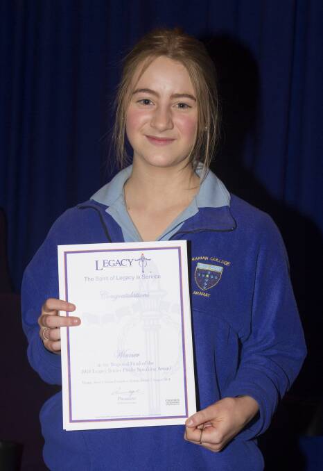 FIRST PRIZE: Jordyn Finch from Ararat's Marian College topped the Legacy Junior Public Speaking awards on Friday. Picture: PETER PICKERING