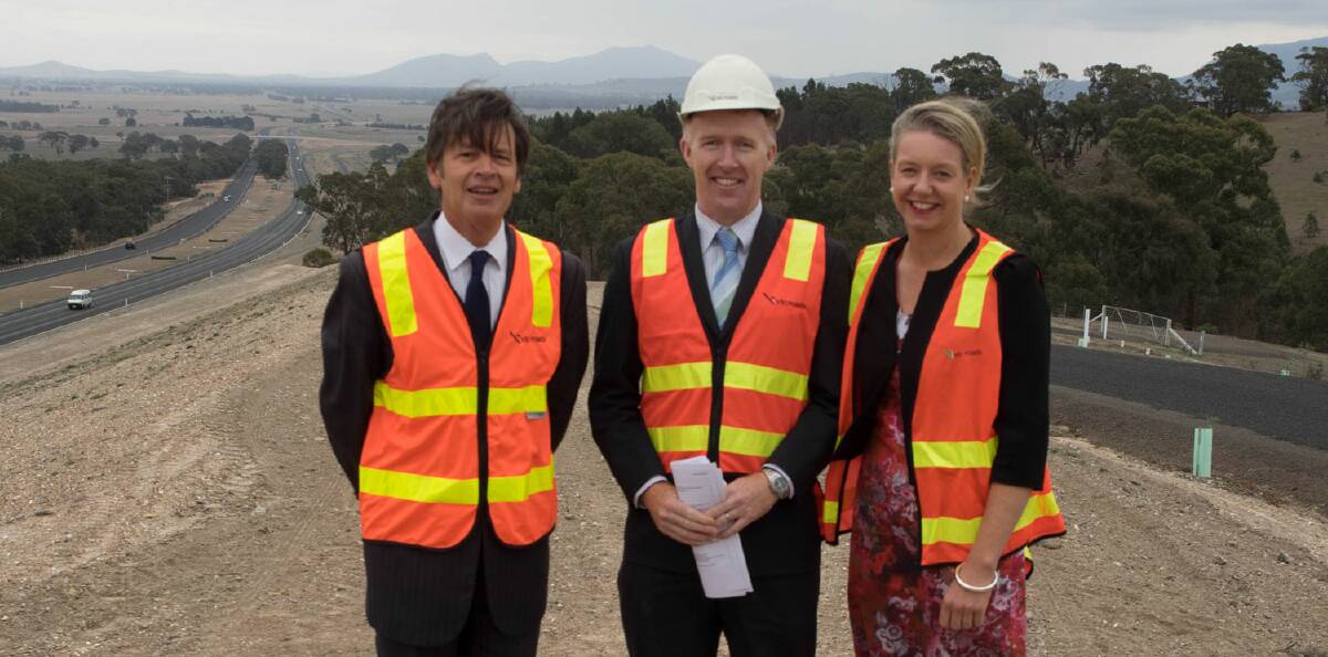 OPEN: Minister Luke Donnellan, highway project director Mick McCarthy and Senator for Victoria Bridget McKenzie. PICTURE: Bruce Hedge Photography