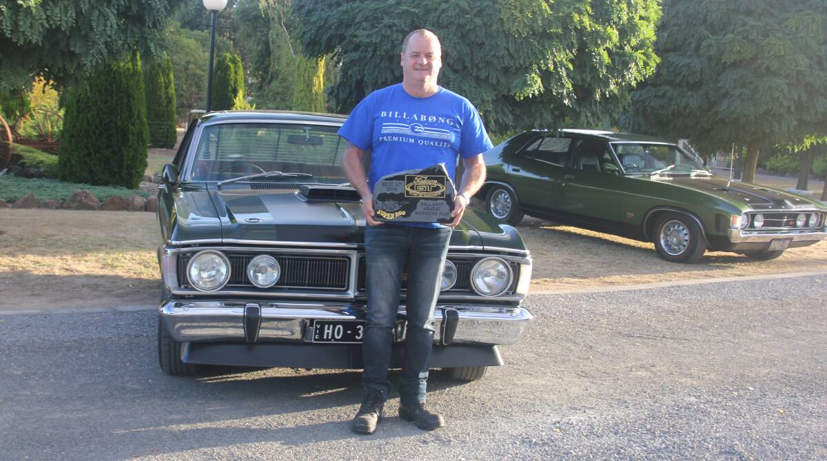 WINNER: Mark Lamb with the Mellor Monumental award for Best Overall GT at the fifth and final Ballarat-Ararat Ford Falcon GT Club run. Picture: CONTRIBUTED