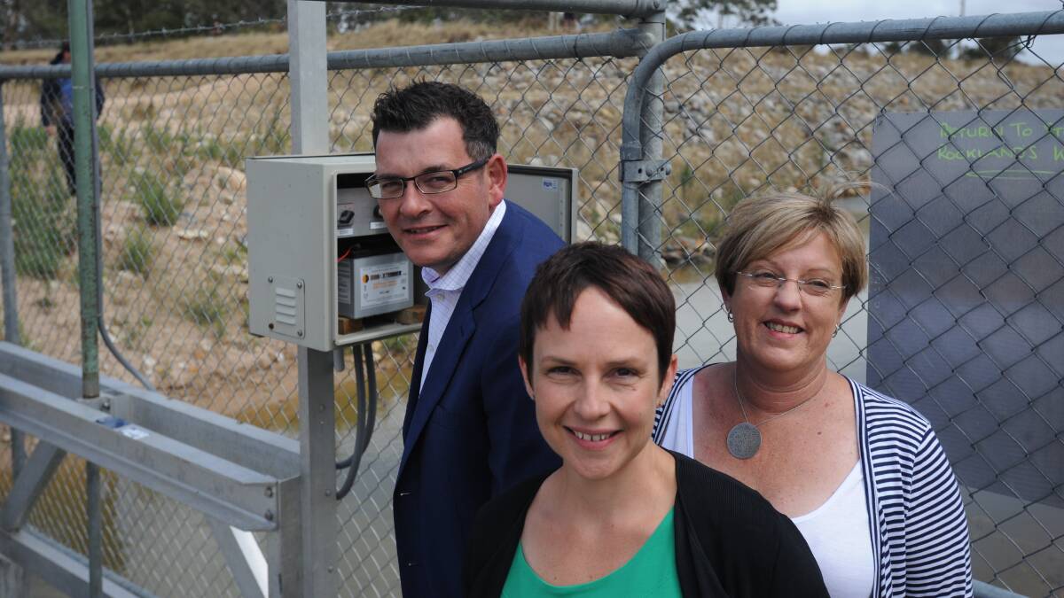 Premier Daniel Andrews with Water Minister Lisa Neville and Agriculture Minister Jaala Pulford at Lake Toolondo earlier this year. All three will be in the Wimmera over the next two days.