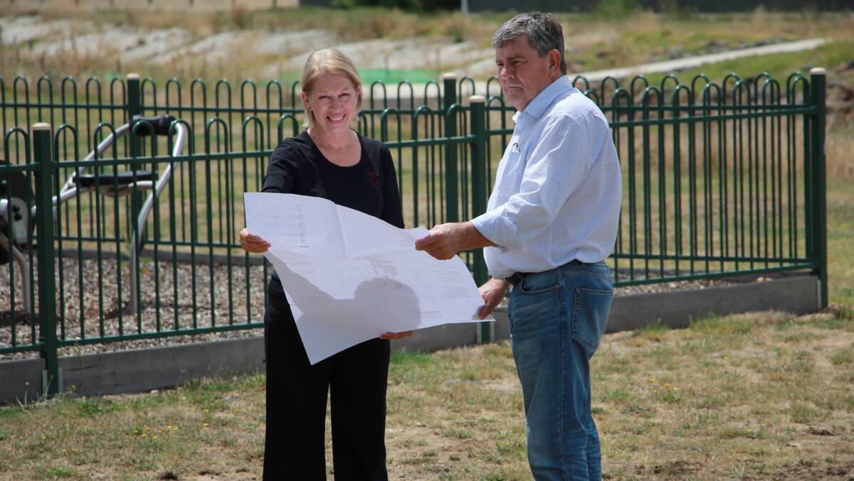 Pyrenees Shire Council's manager of community wellbeing Sue O’Brien discusses plans for Apex Park with mayor Michael O’Connor.