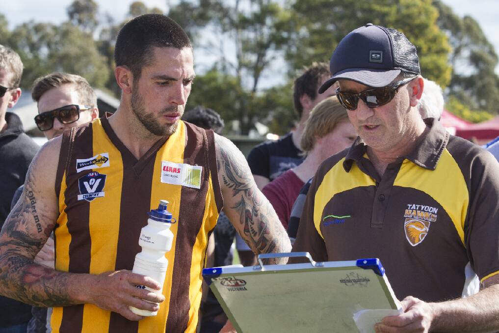 TALKING TACTICS: Tatyoon coach Damian Cameron (left) and 2015 game day bench manager, Tim Cronin. The Hawks have yet to confirm coaches for 2016. Pictures: PETER PICKERING    