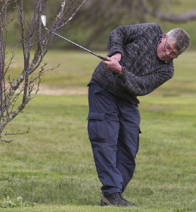 TREE BATTLE: Bernie Fitzpatrick takes a swing. Picture: PETER PICKERING 