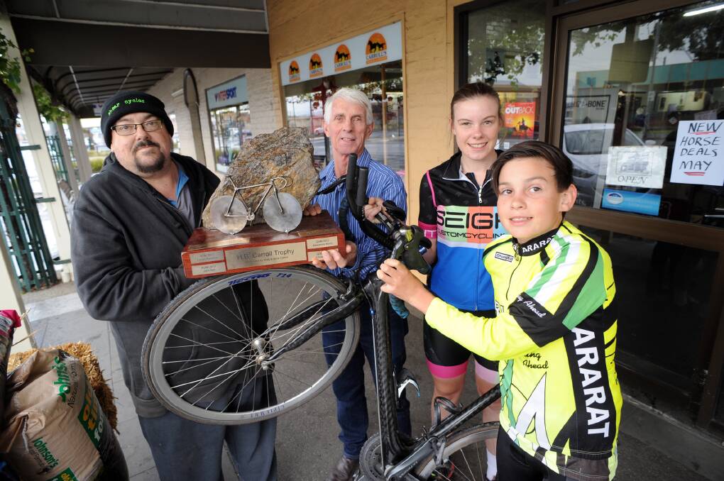 Ararat and District Cycling Club secretary Harold Culling, Greg Carroll, Alice Culling and Murray Culling are getting ready for the Ararat Junior Tour this weekend. Picture: PAUL CARRACHER 
