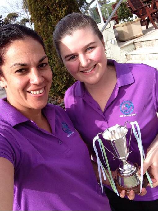 VICTORY: Chalambar pair, Lee-Ann Moana and Ellen Pollock, celebrate their win at the Golf Victoria women’s country teams championship. 