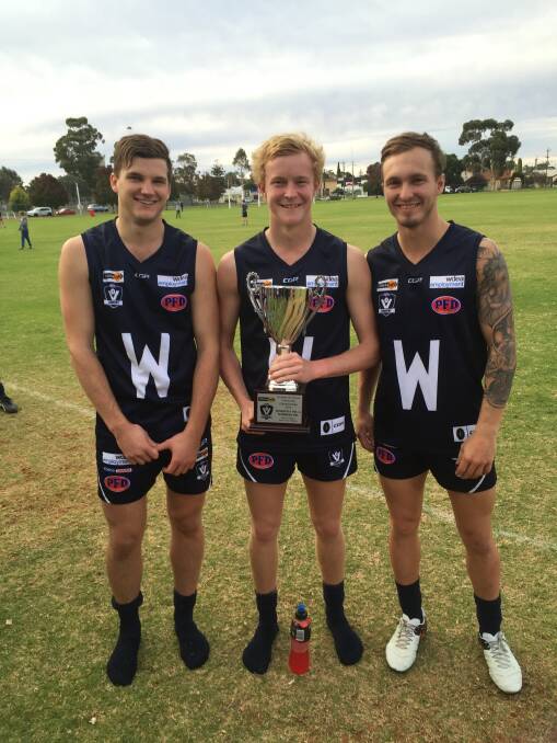 BIG W: Ararat players (L-R) Jack Ganley, Riley Taylor and Jake Robinson were involved in Wimmera's interleague win against Sunraysia last Saturday. Taylor booted two goals and was named among the best. Picture: CONTRIBUTED    