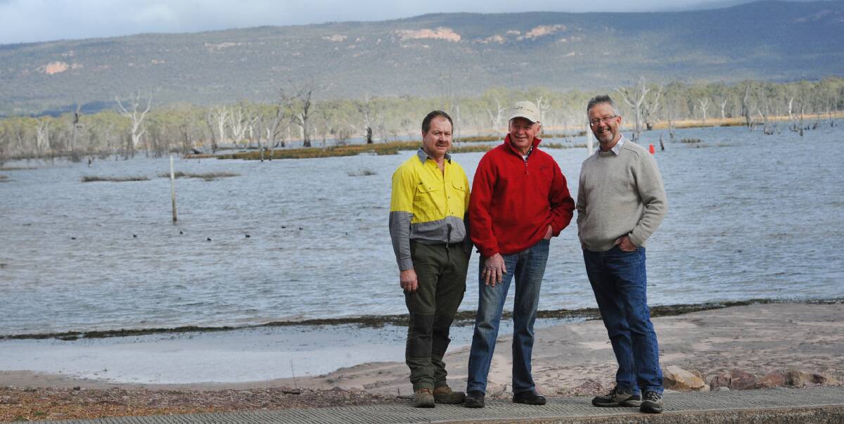 BIG THINGS: Lake Fyans committee members Gary Hull, Jim Leeke and Peter Greenberger are getting ready to celebrate Lake Fyans' 100th birthday in October. Picture: PAUL CARRACHER
