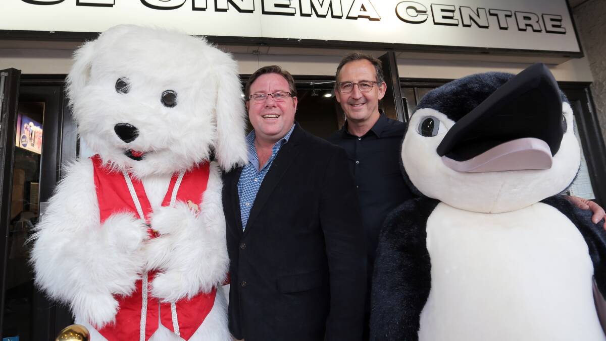Star Shane Jacobson and producer Richard Keddie with some cuddly mascots at the Warrnambool premiere for Oddball.