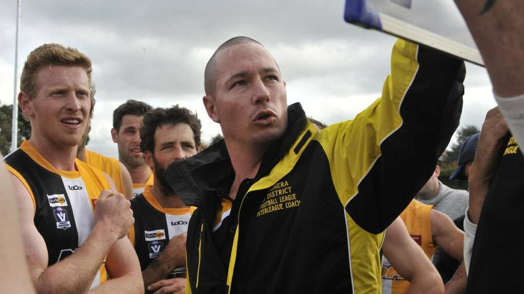 CALLED OFF: Justin Eales rallies his troops during a previous Mininera Interleague match. Picture: Robyn Agnew
