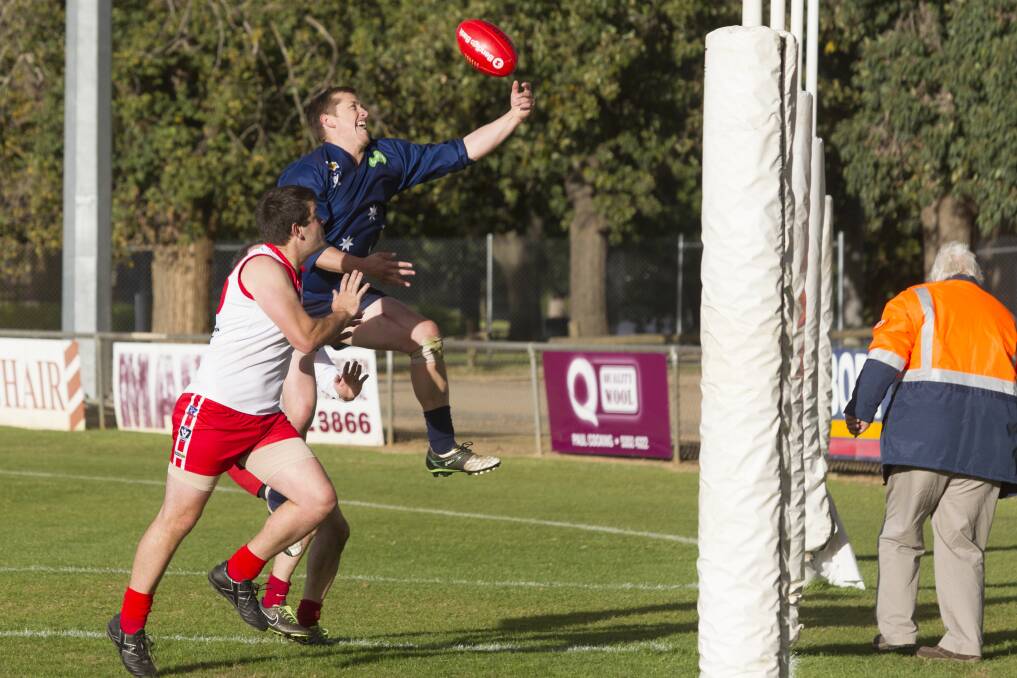 REACH: Ararat Eagle Brent Bulger in front of goal during the round four win against Caramut. Picture: Peter Pickering
