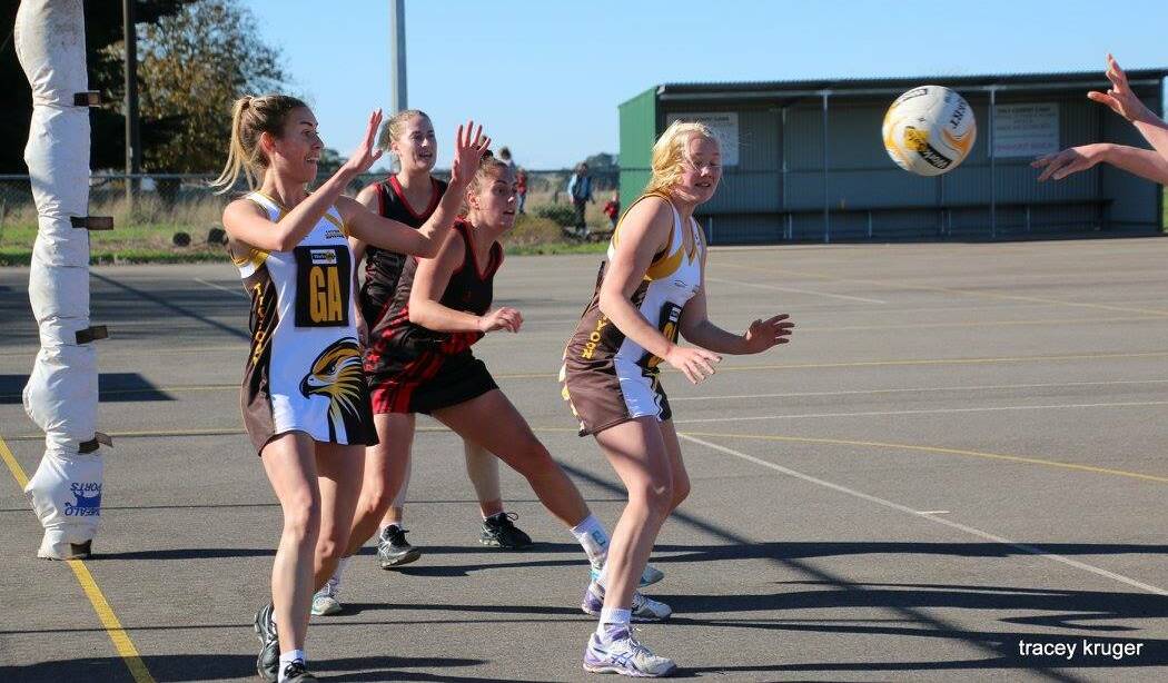 TEAMWORK: Tatyoon's Maggie Astbury and Jacqui McDougall get some clear space under goals against Penshurst. Picture: Tracey Kruger
