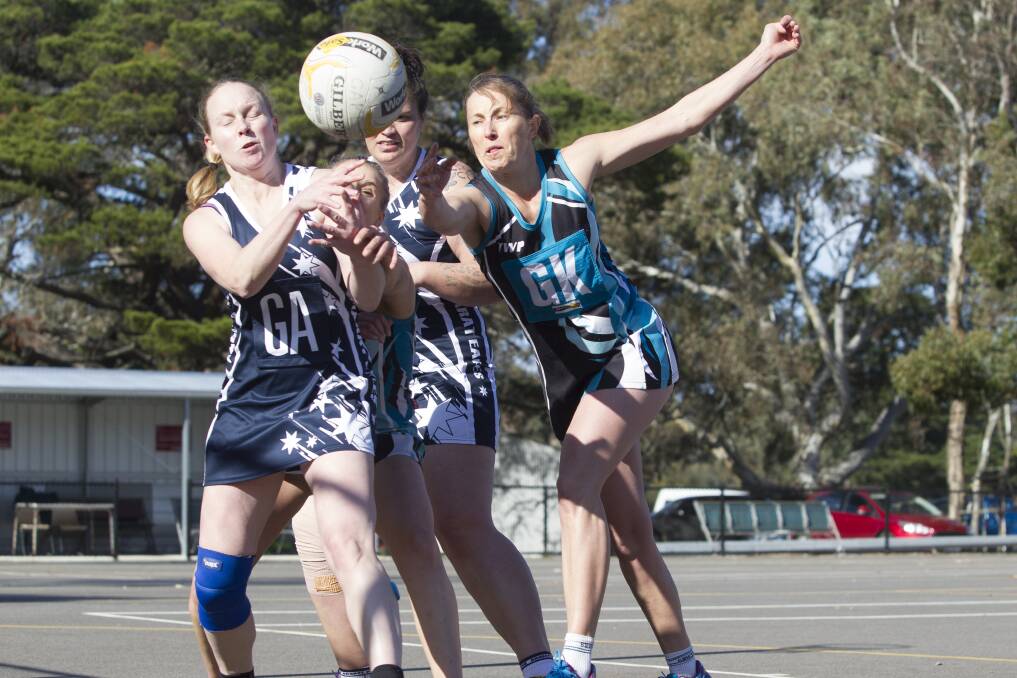 PHYSICAL: Ararat Eagles' Sarah West and Puma defender Melinda Beal contest the ball during the match on Saturday. Picture: Peter Pickering