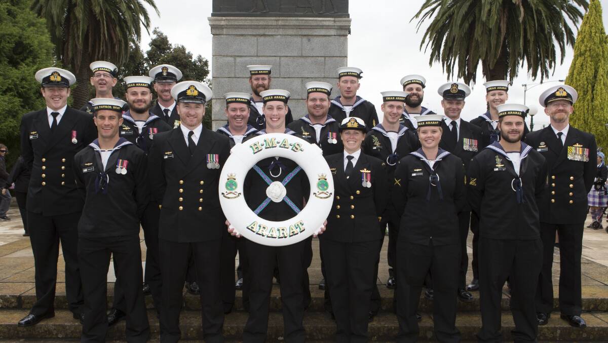 HOMECOMING: Caitlin Stewart (back right) joined the rest of the HMAS Ararat crew at the dawn service, the march and the morning service. Picture: Peter Pickering