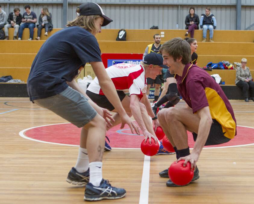 QUICK HANDS: Ararat's DJ Woods and Darcy Alexander facing off at the start of the dodgeball game on Saturday. Picture: Peter Pickering