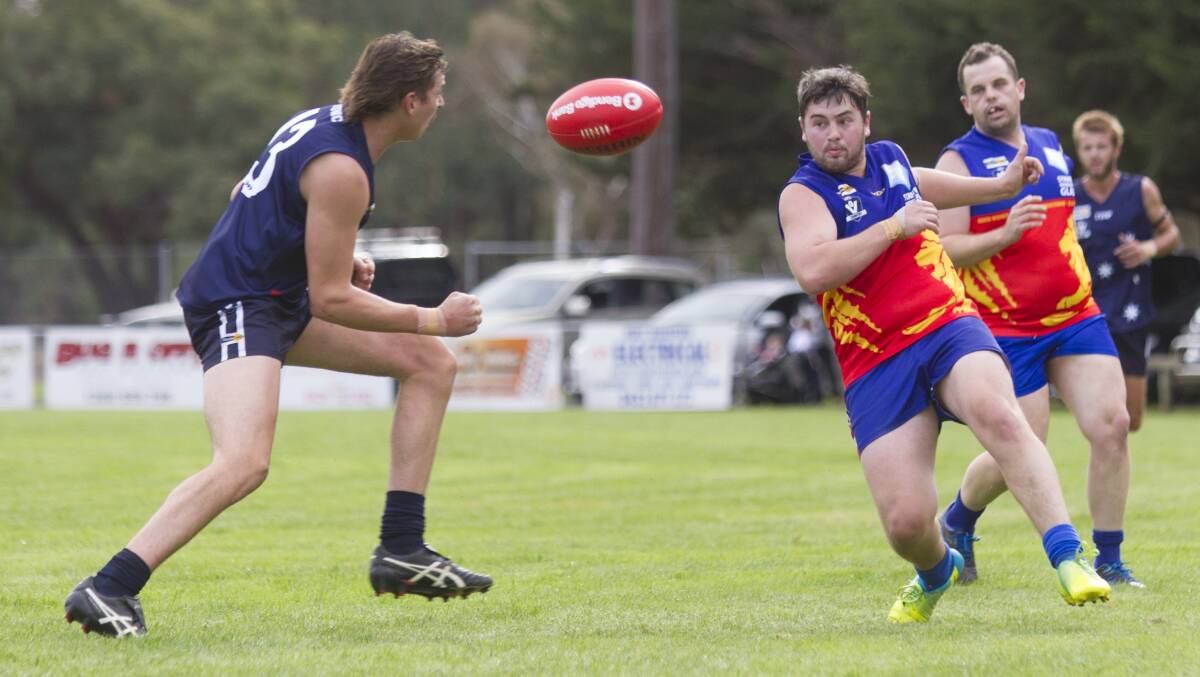 Great Western's Sam Cocks gets a kick away against the Ararat Eagles earlier this season. Picture: Peter Pickering