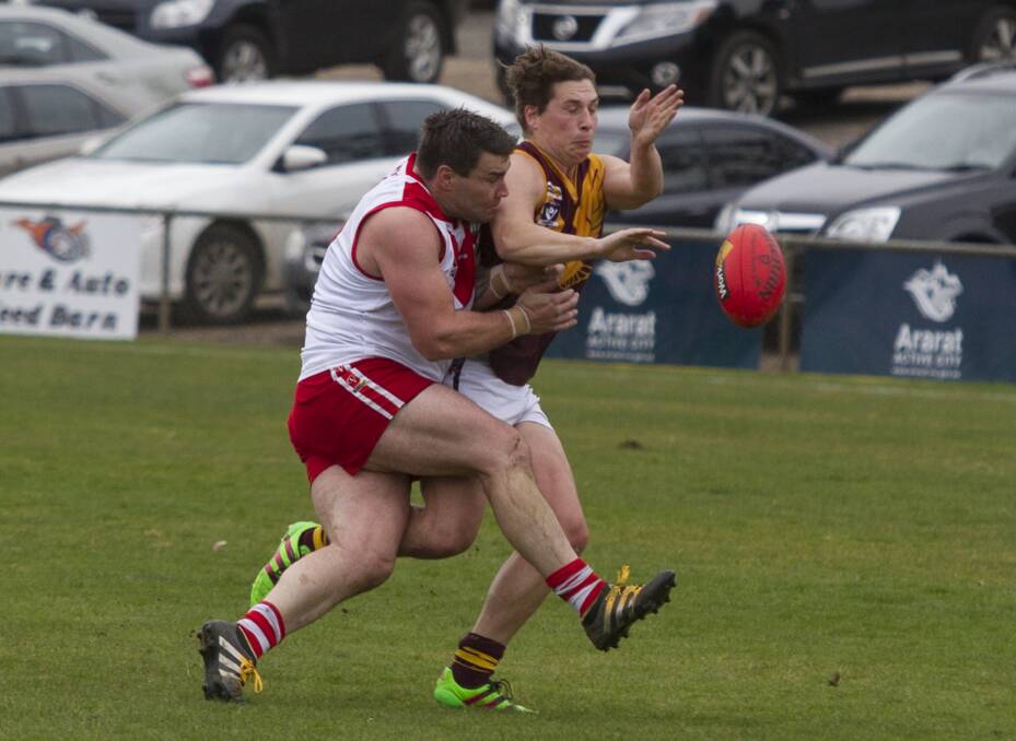 PHYSICAL: Ararat's Gordon Laurie contests a ball earlier in the season. Picture: Peter Pickering