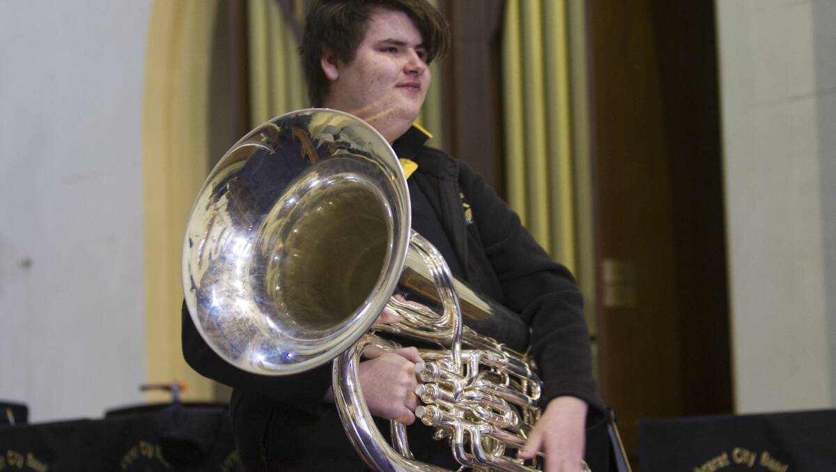 Joseph McColl with his tuba at the Solo Brass Showcase. Picture: Peter Pickering. 