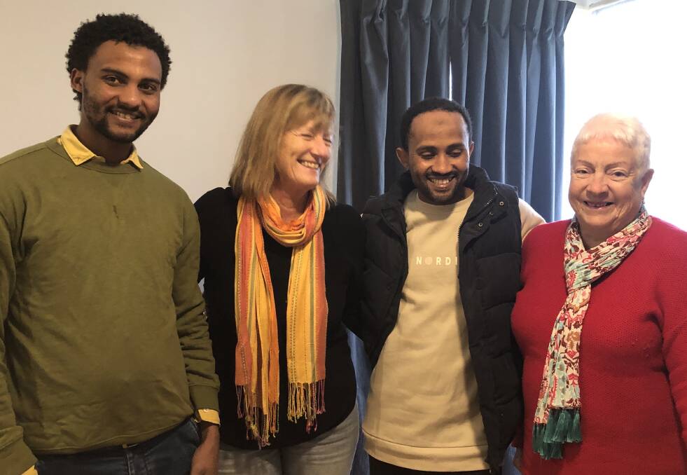 ALL SMILES: Geda, Rose Rowe , Buzayo and Grampians/Gariwerd Rural Australians for Refugees president Leonie Foster. Picture: CONTRIBUTED
