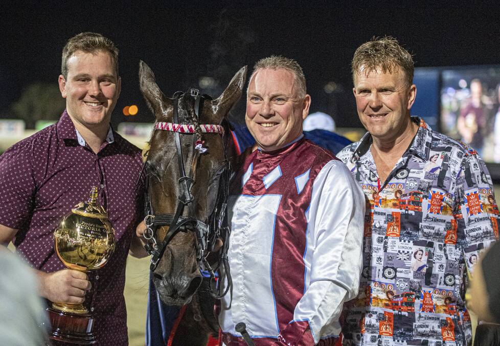 ALL SMILES: Driver Anthony Butt (middle) with co-trainers Nathan Purdon and Cran Dalgety after 3yo filly Dr Susan's Group 1 victory in the 2020 Victoria Oaks Final at Melton. Picture: HRV