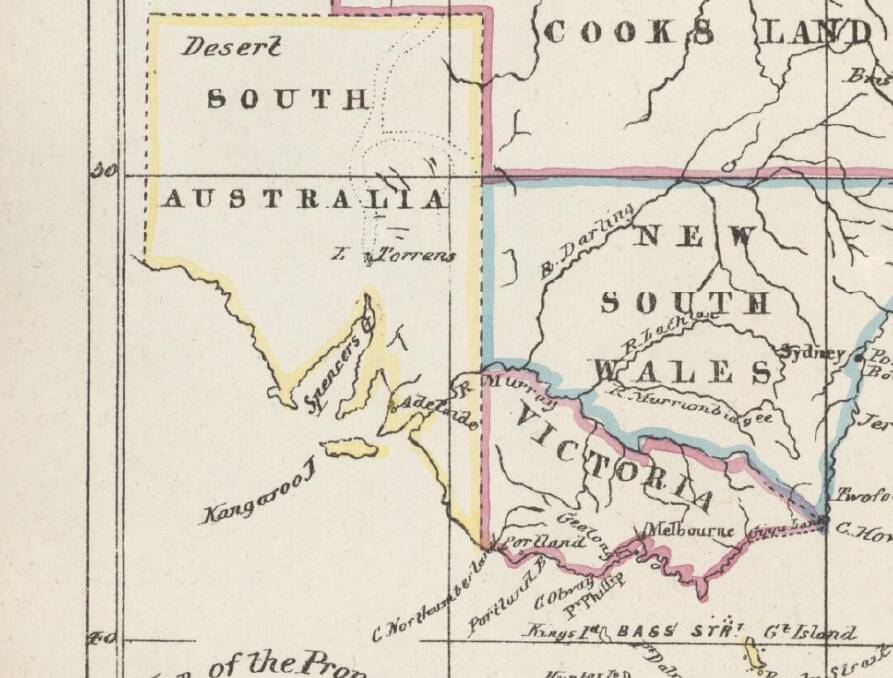 A DIFFERENT WORLD: South Australia and Victoria in 1857, as shown in 'Map of the proposed seven united provinces of eastern Australia'. Picture: NATIONAL LIBRARY OF AUSTRALIA