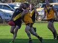 There was plenty of intensity in the clash between Woorndoo-Mortlake and Tatyoon on Saturday, April 20. Pictures by Ben Fraser
