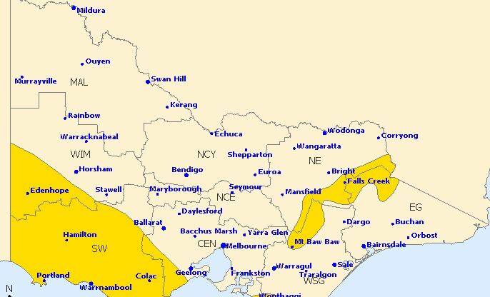 The Bureau of Meteorology's map showing areas - in yellow - likely to be affected by strong winds on Thursday.
