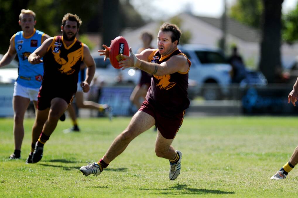 Kyle George pictured playing for Warrack Eagles against Nhill in round one. Picture: SAMANTHA CAMARRI