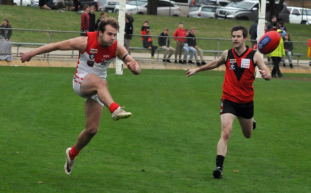Liam Cavanagh during Ararat's victory over Stawell prior to the bye. Cavanagh's strength will be important against the Horsham Saints on Saturday.