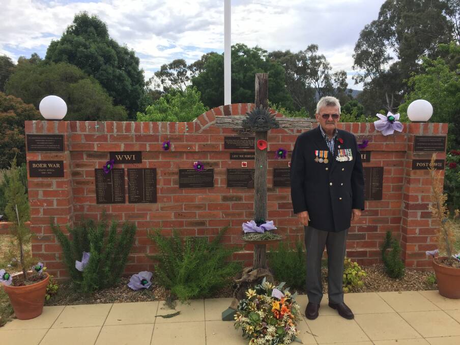 REMEMBRANCE: Landsborough's Gary Edwards at the town's memorial garden where school pupils placed purple poppies.. Picture: Anthony Piovesan