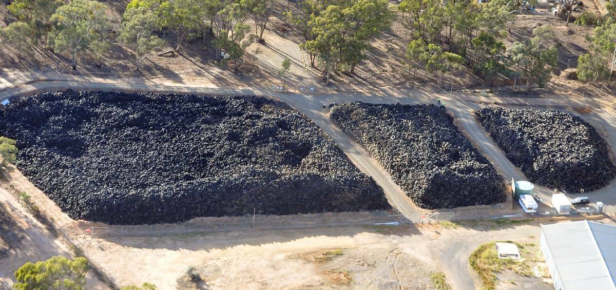 NINE MILLION TYRES: Aerial photograph of the massive tyre stockpile at Stawell. Photo: Marcus Marrow