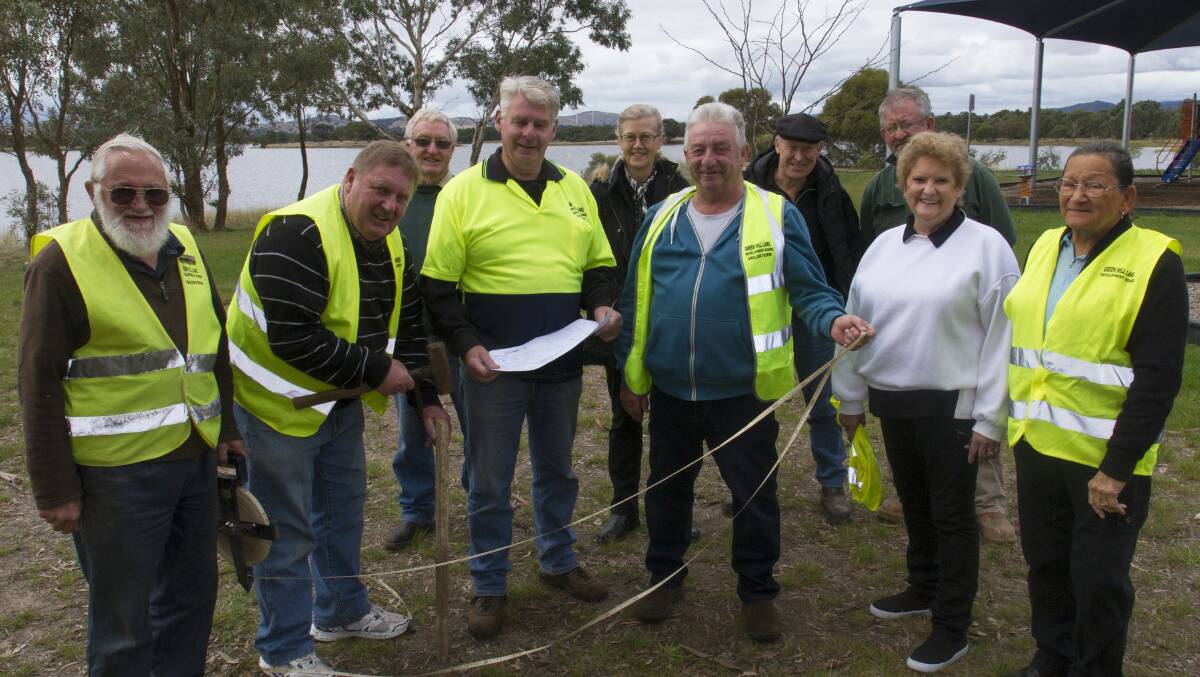 Green Hill Lake board and Grampians Aquatic Club members Setting out the new shelter at Green Hill Lake are Max Wohlers, Alan Culph, Rod Smart, Maurie Allgood, Chris Traynor, John Robertson, Phil Stapleton, Tom Hamilton, Gwenda Allgood mark out the shelter site at Green Hill Lake. Picture: PETER PICKERING