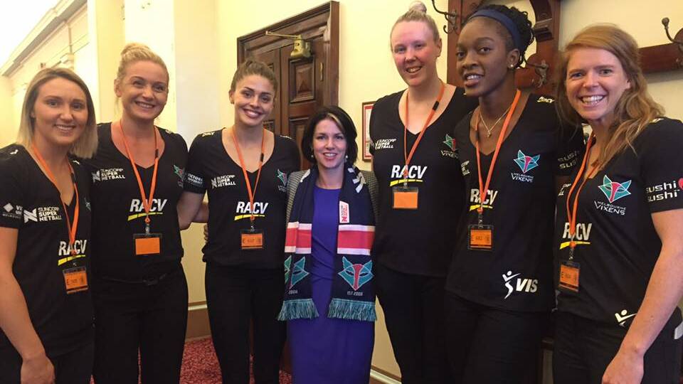 Member for Lowan Emma Kealy meets players from the Melbourne Vixens netball team. Picture: EMMA KEALY FOR LOWAN/FACEBOOK