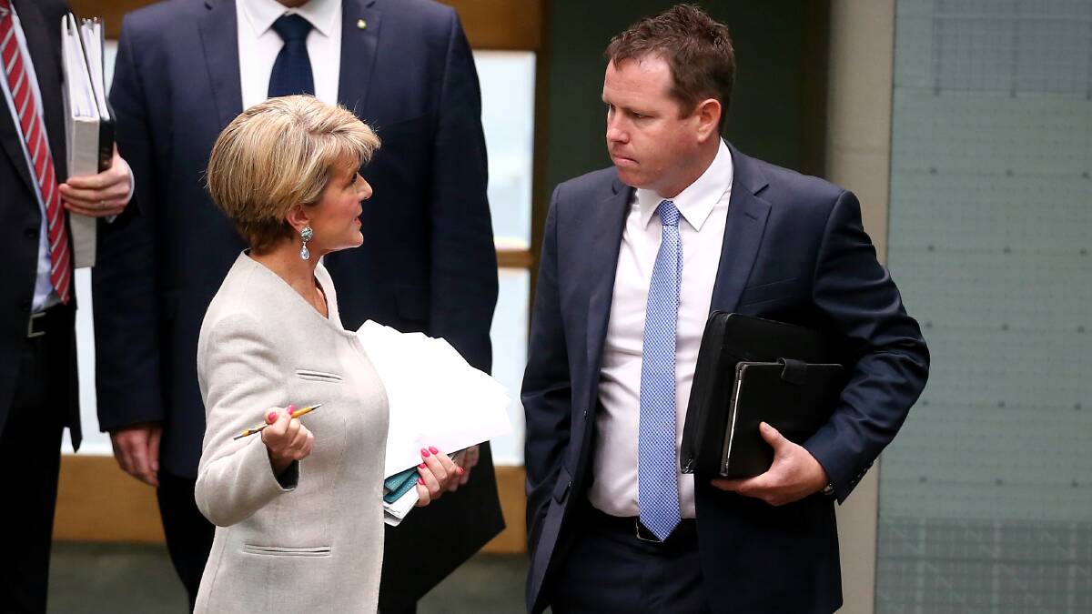 Minister for Foreign Affairs Julie Bishop and Nationals MP Andrew Broad during Question Time at Parliament House in Canberra in October 2016. Picture: Alex Ellinghausen