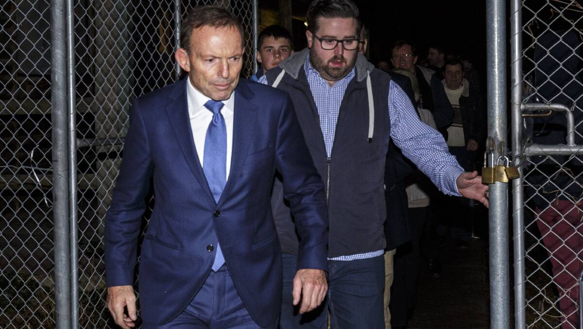 Former prime minister Tony Abbott attends a meeting on safeguarding family values with federal MP Michael Sukkar, in Croydon, Melbourne on Monday night. Photo: Daniel Pockett