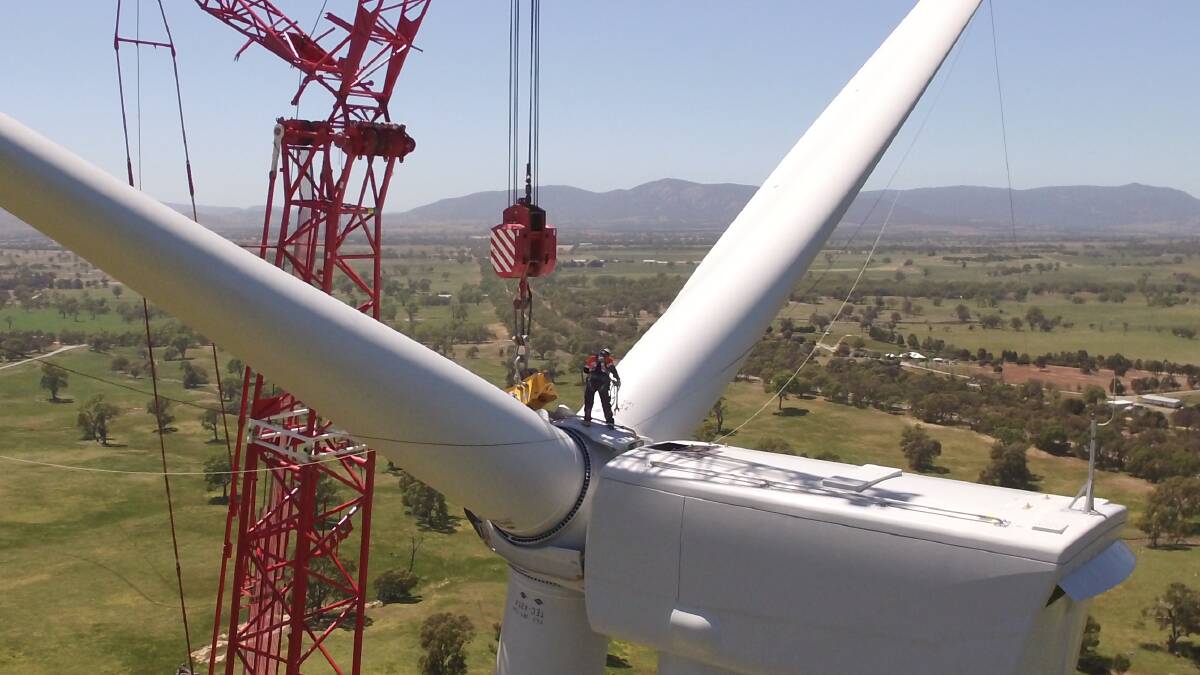 A wind turbine is constructed at the Ararat Wind Farm site. Picture: RES LTD